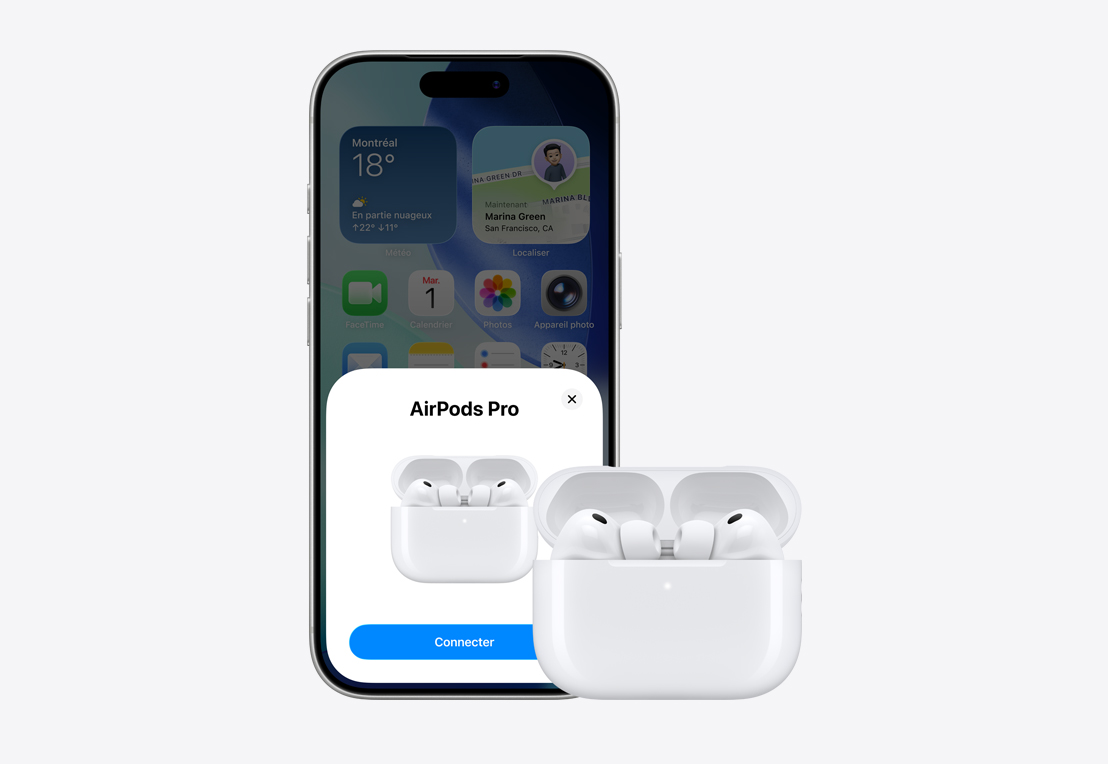 Face avant d’un iPhone avec fenêtre contextuelle de connexion des AirPods, AirPods dans un étui ouvert à c?té du iPhone