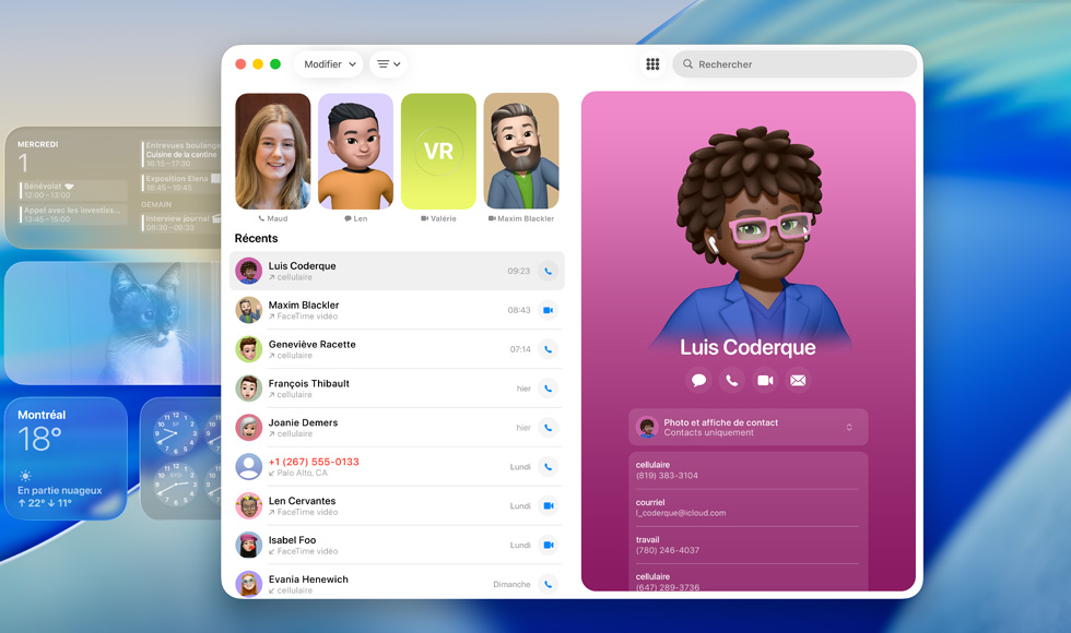 écran verrouillé montrant l’app FaceTime ouverte, liste des appels récents à c?té d’une fiche de contact affichant un Genmoji et le nom de la personne qu’il représente