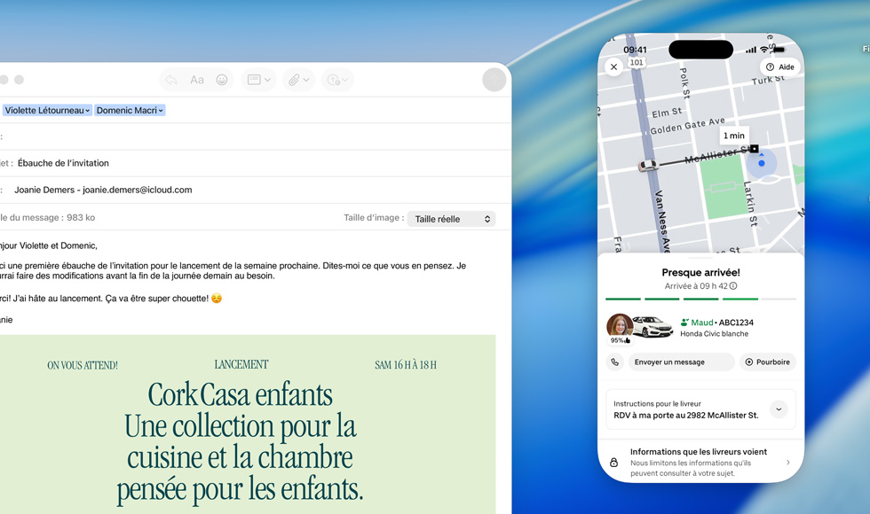 écran d’un MacBook, app Mail ouverte, écran d’un iPhone recopié sur l’écran du MacBook annon?ant l’arrivée d’une commande Uber Eats