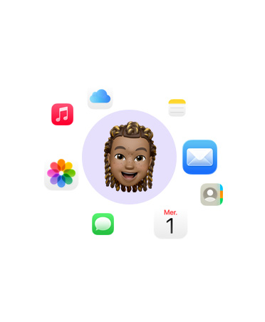 émoji d’un visage souriant entouré d’ic?nes d’apps : Musique, iCloud Drive, Notes, Mail, Contacts, Calendrier, Messages et Photos