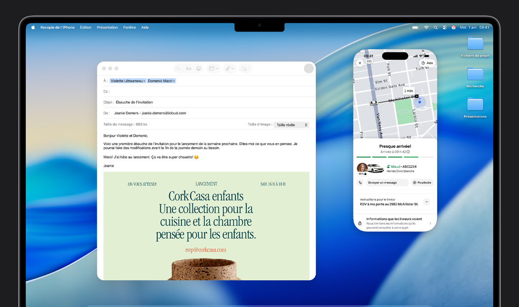 MacBook Pro, app Mail ouverte, écran d’un iPhone recopié sur l’écran du MacBook Pro annon?ant l’arrivée d’une commande Uber Eats