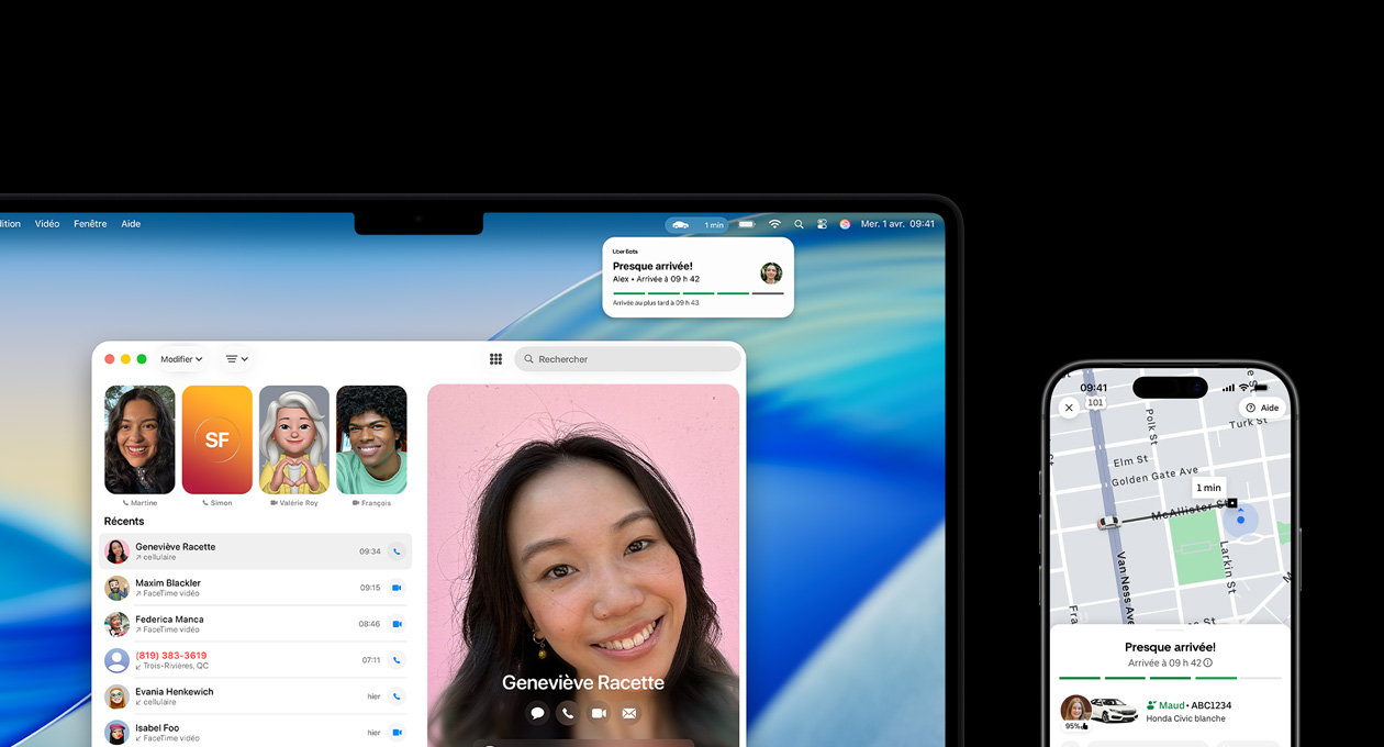 Un MacBook Pro et un iPhone c?te à c?te, l’écran du MacBook Pro affiche l’app Téléphone et les événements en direct de l’app Uber, l’iPhone affiche l’app Uber
