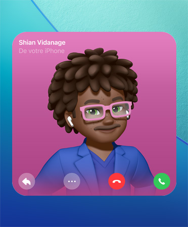 Affiche de contact dans FaceTime, Genmoji au centre, nom de la personne en haut à gauche, ic?nes pour envoyer un message, pour afficher plus d’options, pour raccrocher et pour répondre en bas de l’image