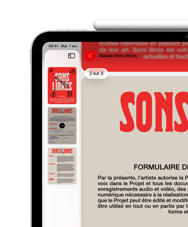 iPad, orientation paysage, un Apple Pencil est fixé magnétiquement sur le dessus, seule la partie supérieure gauche de l’écran est visible, elle affiche un PDF dans l’app Aper?u