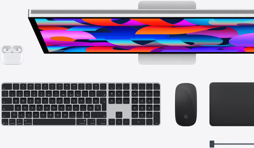 Accessoires pour Mac : écouteurs AirPods, Studio Display, clavier Magic Keyboard, souris Magic Mouse, pavé Magic Trackpad, cable de recharge MagSafe