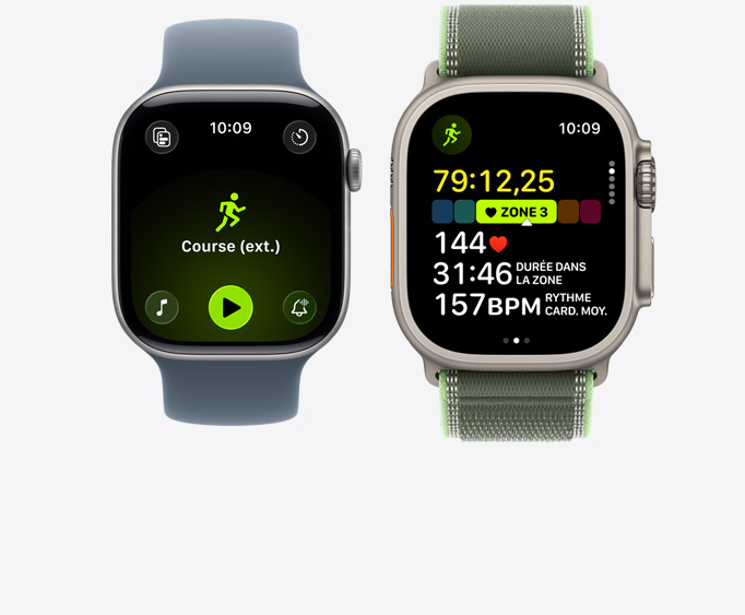 Apple Watch Series 11, bo?tier en aluminium, gris cosmique, séance de course à l’extérieur ouverte avec commandes de lecture d’Apple Music, Apple Watch Ultra 3, bo?tier en titane, naturel, séance de course ouverte, fréquence cardiaque en zone 3