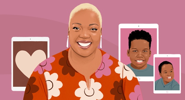 Illustration einer l?chelnden Nafisah vor Bildern auf mehreren iPad.
