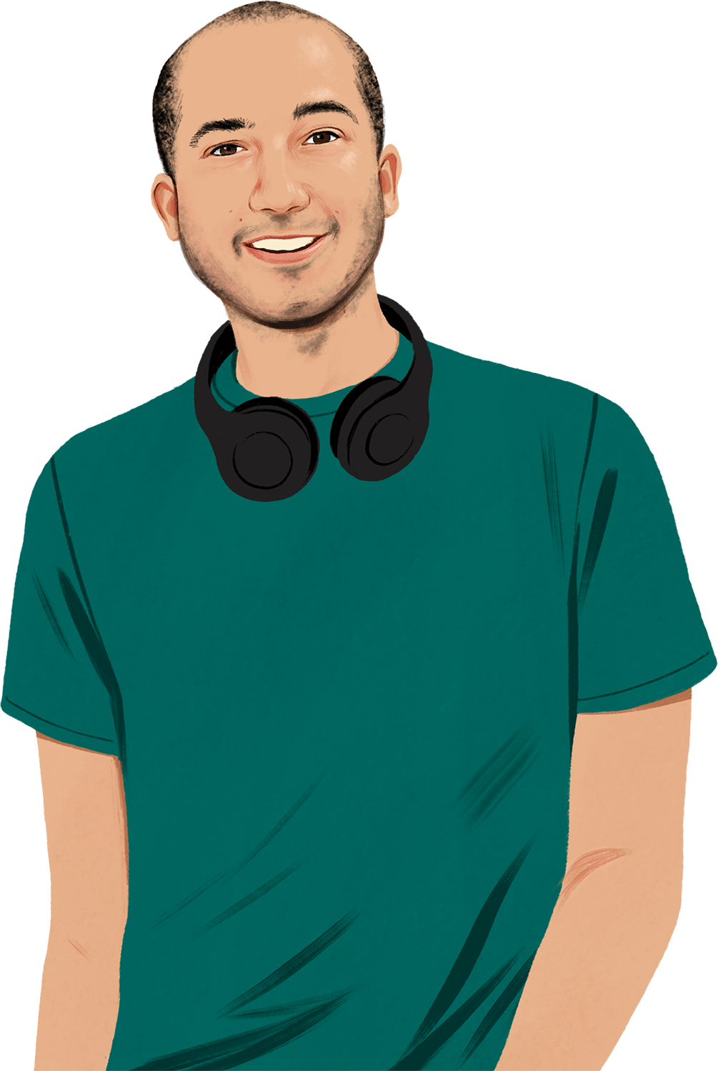 首にヘッドフォンをかけ、読者の方に笑顔を向けているChrisのポートレートイラスト。音波を発している狀態(tài)がビジュアル化されたiPhoneのイラストがフレーム內(nèi)に入ってくる。