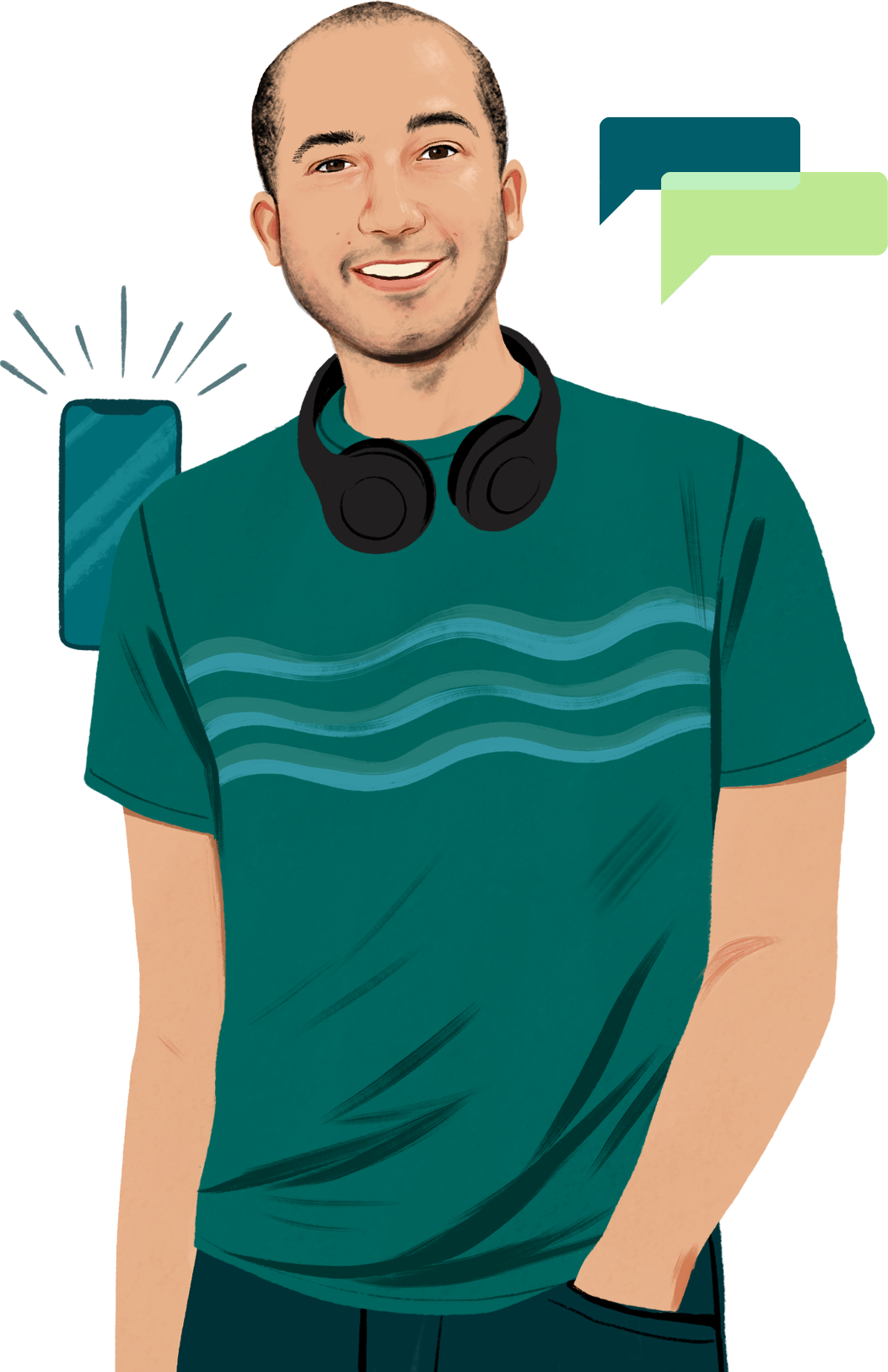 首にヘッドフォンをかけ、読者の方に笑顔を向けているChrisのポートレートイラスト。音波を発している狀態(tài)がビジュアル化されたiPhoneのイラストがフレーム內(nèi)に入ってくる。