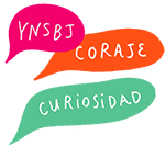 Trois bulles de dialogue colorées, chacune contient des mots en espagnol?: l’acronyme YNSBJ, coraje, et curiosidad