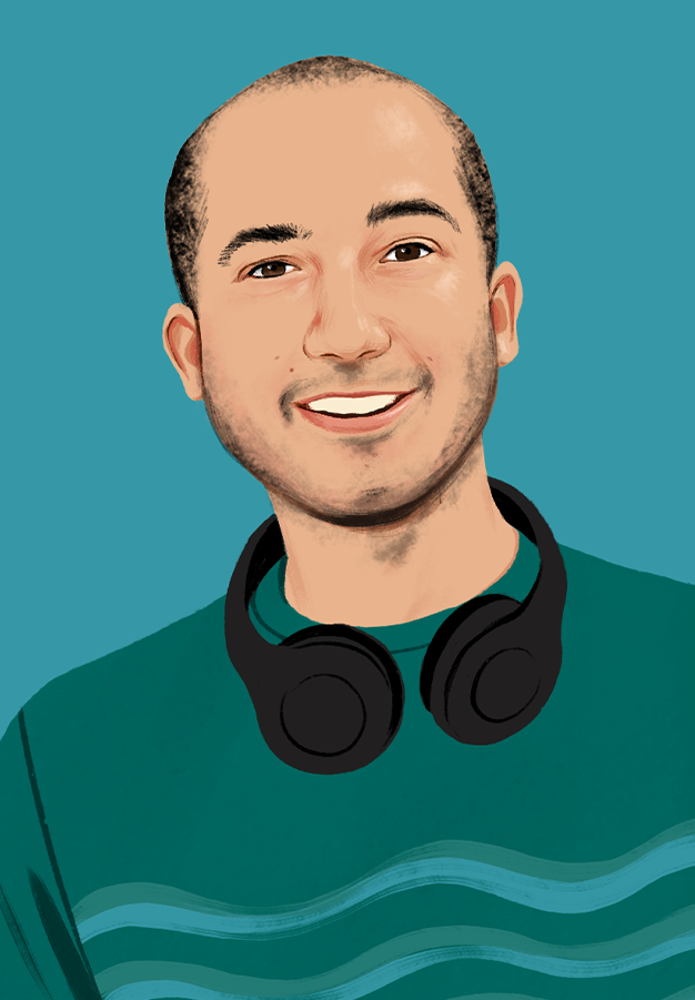 読者の方に笑顔を向けているChrisのポートレートイラスト。