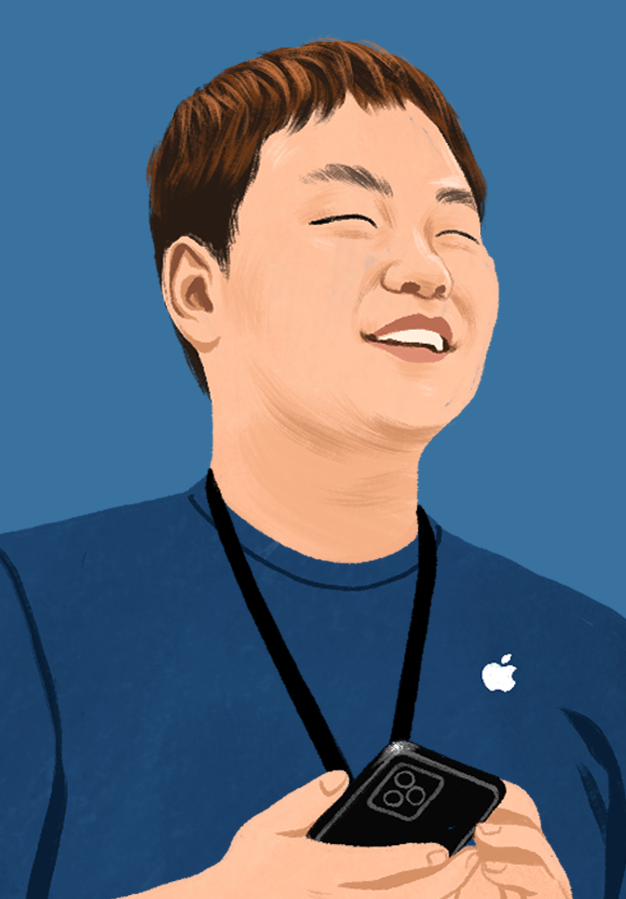 Apple直営店で笑顔を見せるウイリアムのポートレートイラスト。
