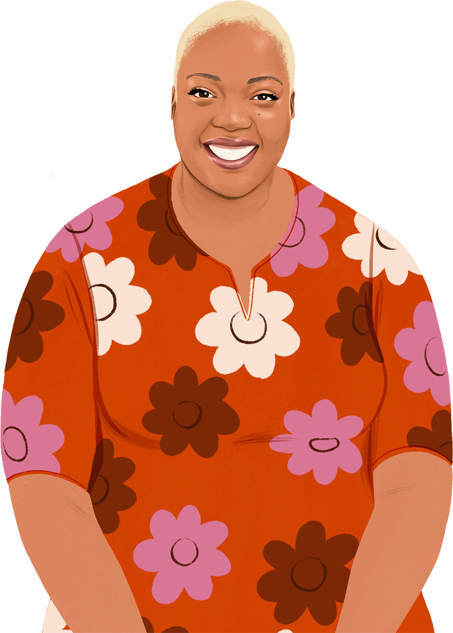 Ilustra??o da Nafisah sorrindo, olhando para a pessoa que lê o texto; surge um iPad exibindo um símbolo de cora??o.