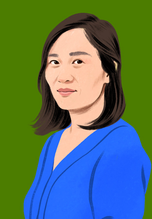 読者のほうに自信に満ちた笑顔を向けているXuのポートレートイラスト。