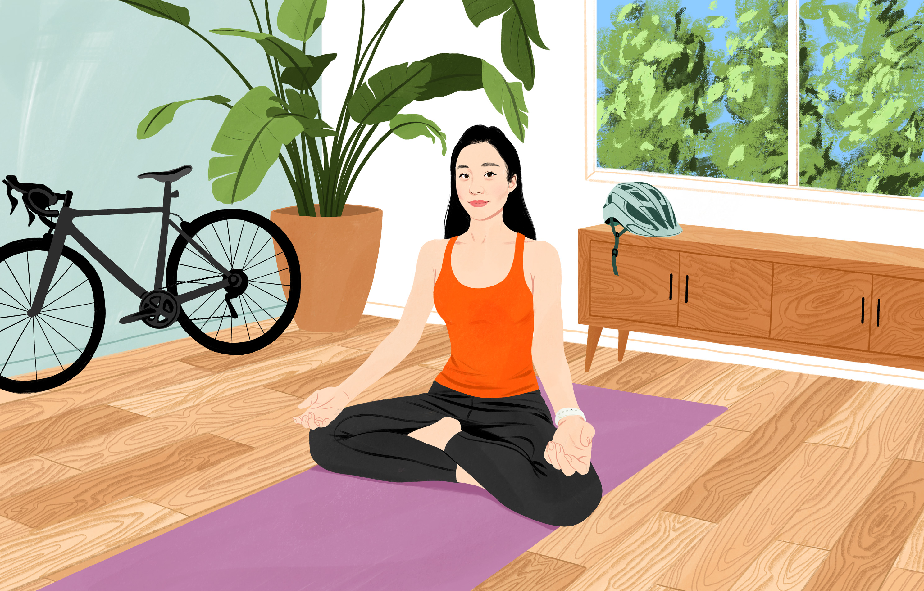En leende Moony i skr?ddarst?llning inleder meditering p? yogamattan hemma.