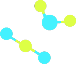 2つの分子モデル。1つは二酸化炭素、もう1つは水。