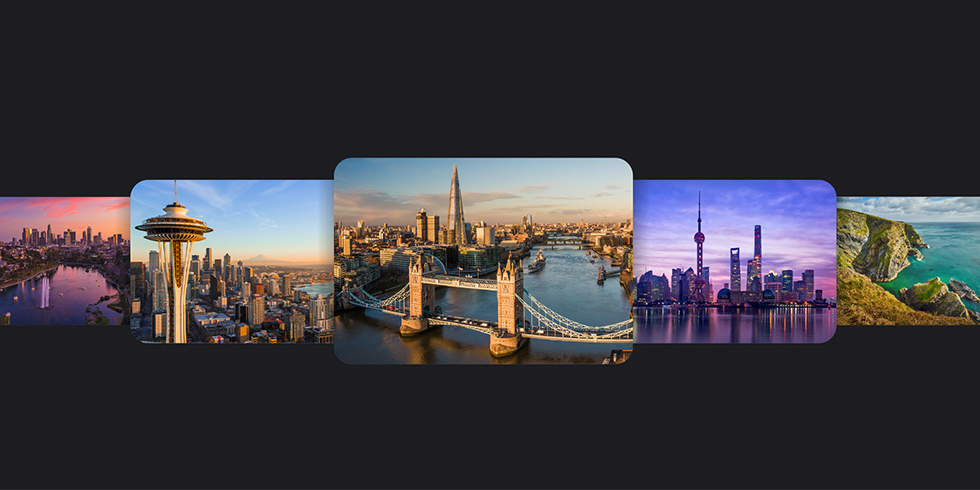 Luchtfoto’s van Seattle, Londen en Shanghai.