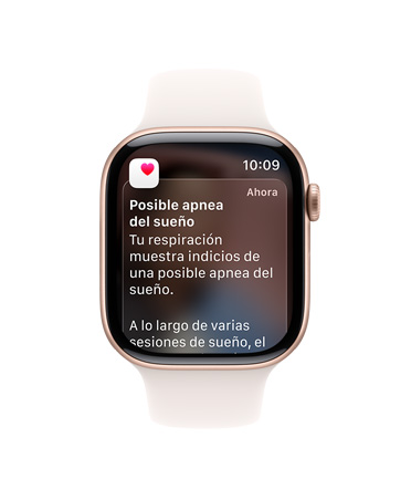 Apple Watch Series 11, color oro rosa, caja de aluminio, notificación de apnea del sue?o ampliada, parte lateral derecha, Digital Crown, correa deportiva, color rosa rubor
