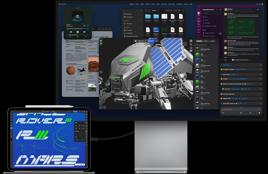 iPad Pro conectado a un Magic Keyboard, parte frontal, ambos conectados a un monitor Mac Studio Display externo, la pantalla del iPad Pro muestra una app de dise?o gráfico, colores vivos y texto, el monitor Studio Display muestra varias apps y un modelo en 3D