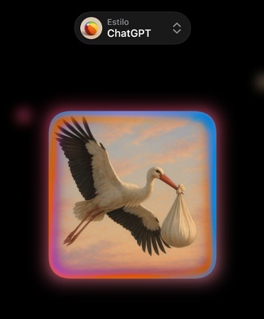 Pantalla de Genmoji con la imagen fotorrealista de una cigüe?a que lleva una bolsa en el pico, en la que se muestran opciones de estilos de imágenes personalizados de ChatGPT