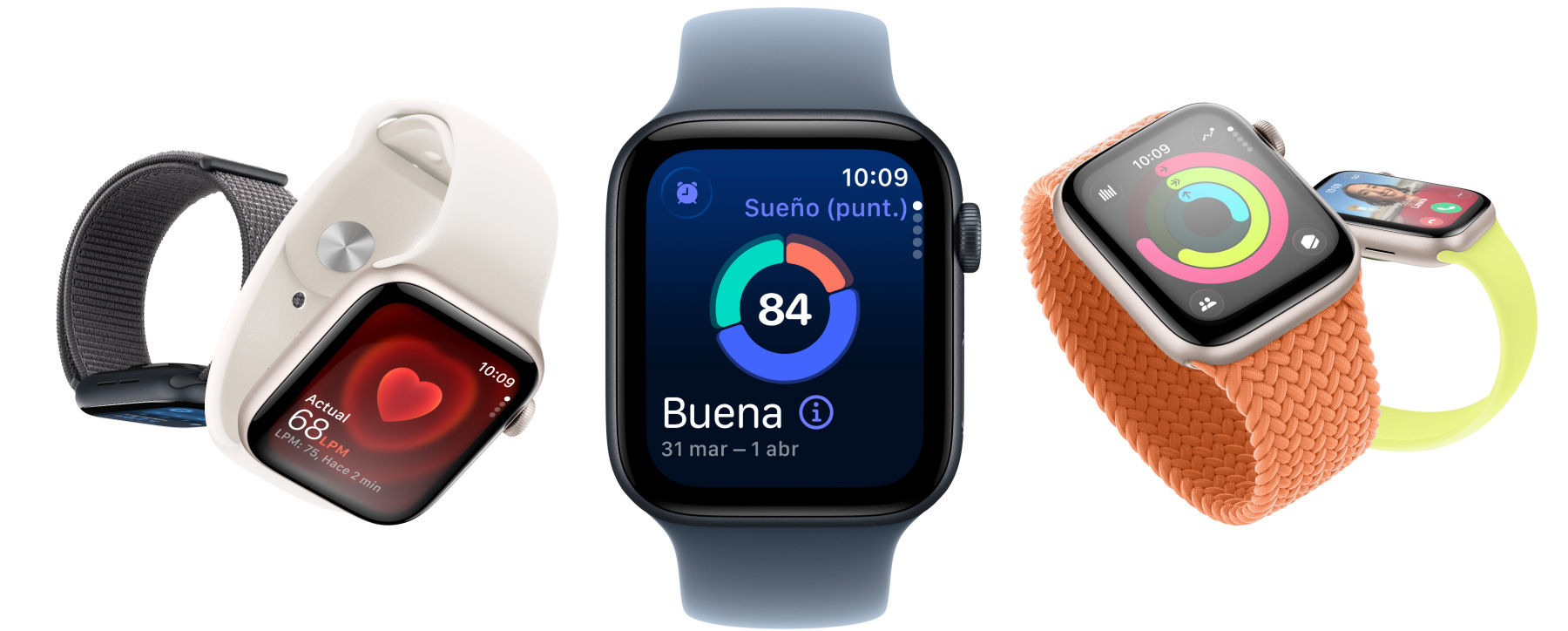 Apple Watch SE 3 con cajas de aluminio disponibles en los colores blanco estelar y medianoche, con apps como Signos Vitales, Frecuencia Cardiaca, Puntuación de Sue?o, círculos de Actividad y llamada entrante