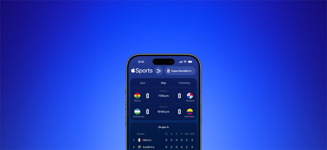 App Apple Sports en un iPhone que muestra los partidos del día de la Copa Mundial de la FIFA 2026, pesta?a Hoy seleccionada