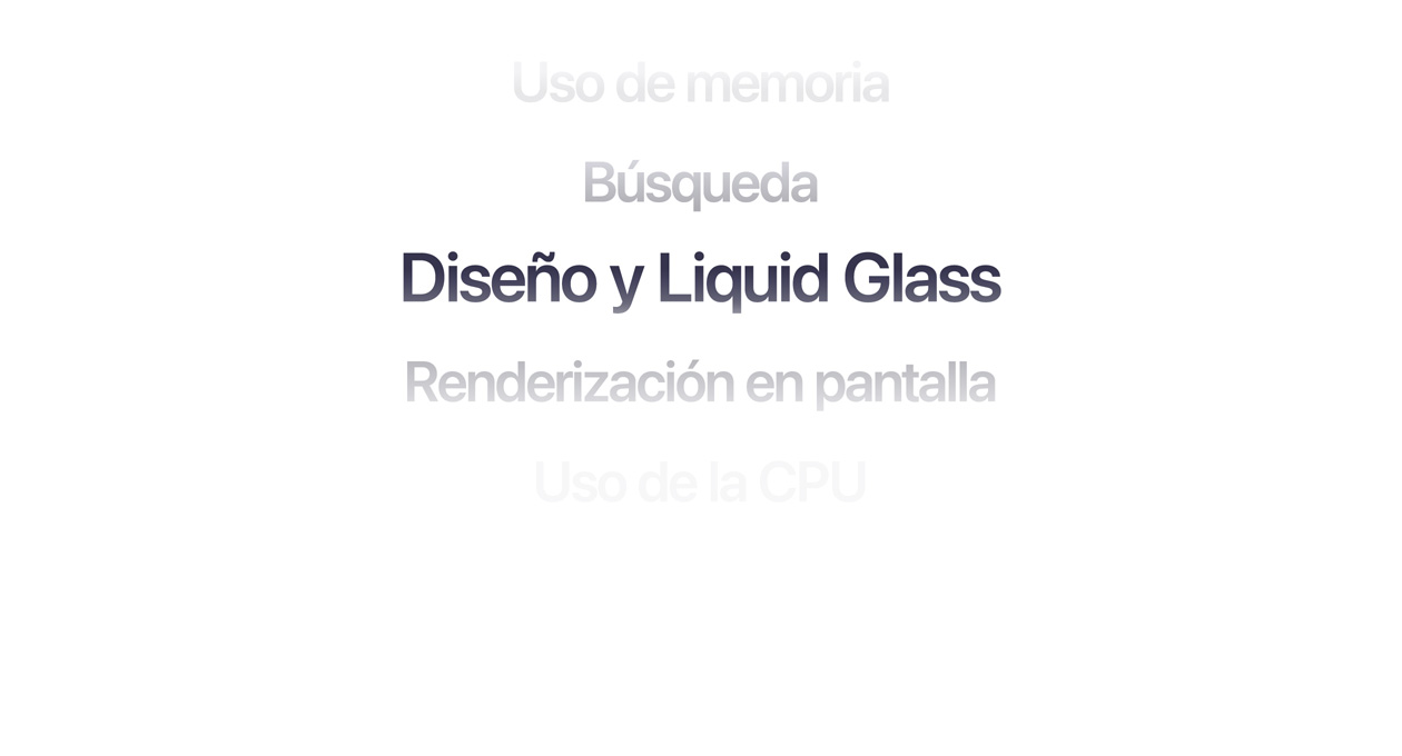 Texto que muestra diferentes mejoras en el sistema operativo, como uso de memoria, búsqueda, dise?o y Liquid Glass, renderización en pantalla y uso de la CPU