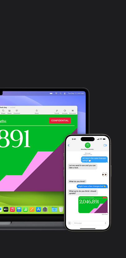 Na obrázku je Mac s?prezentací. P?ed ním je iPhone, na kterém je vidět proběhlá konverzace a?odeslaná prezentace.