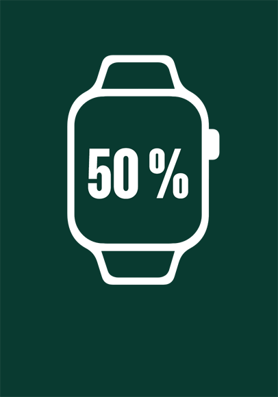 Ilustrace Apple Watch, zelená barva se sní?í na polovinu, co? znázorňuje 50 procent