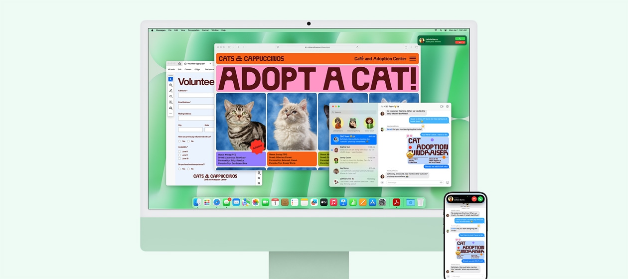 Zeleny iMac a iPhone vedle sebe. Na obrazovce iMacu je vidět oznámení o p?íchozím hovoru. Na displejích obou za?ízení se zobrazuje aplikace Zprávy se stejnou konverzací.