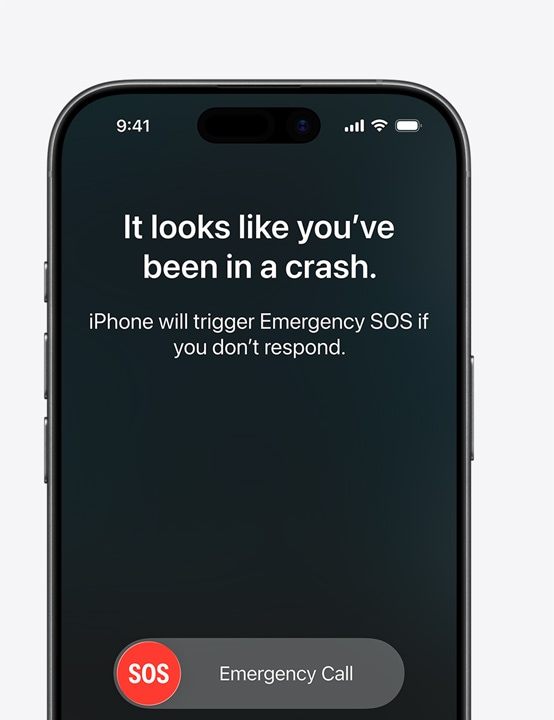 Vedle sebe, obrazovka iPhonu se zobrazenymi widgety Zprávy, Najít a Silni?ní asisten?ní slu?ba dostupnymi p?es satelit, obrazovka iPhonu zobrazující funkci Tíseň SOS p?i pou?ití, obrazovka iPhonu zobrazující funkci Silni?ní asisten?ní slu?ba p?i pou?ití