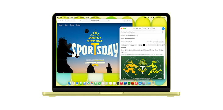 MacBook Neo s několika otev?enymi aplikacemi jako Safari a Mail, zobrazuje se letá?ek s nápisem ?The fourth annual cultural sports day“.