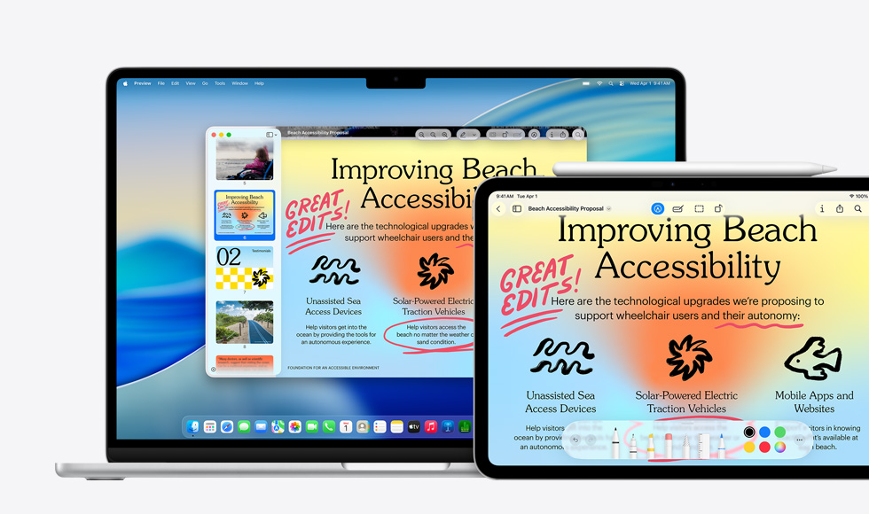 Několik za?ízení Apple, stejny obrázek na ka?dém z nich, na iPadu byly do obrázku doplněny anotace Apple Pencilem, anotace se projeví i na ostatních za?ízeních