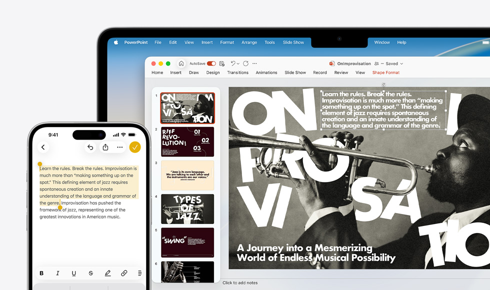 iPhone 16 Plus se zvyrazněnym textem v aplikaci Poznámky, MacBook Air s otev?enou prezentací v PowerPoint, na snímku je viditelny text z aplikace Poznámky