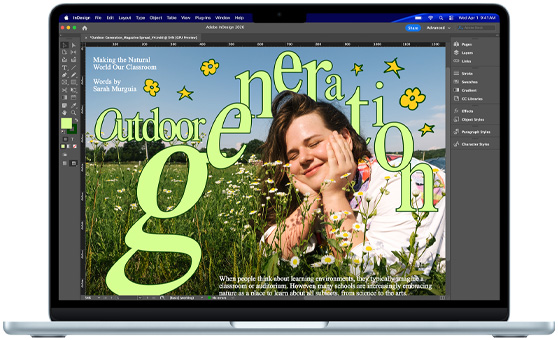 MacBook Air se zobrazenymi projekty v Adobe InDesignu