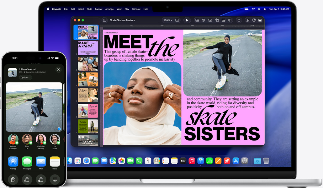 iPhone 16 Plus s otev?enou aplikací Fotky, 13palcovy MacBook Air s otev?enou prezentací v Keynotu, stejná fotka z iPhonu zobrazená na snímku