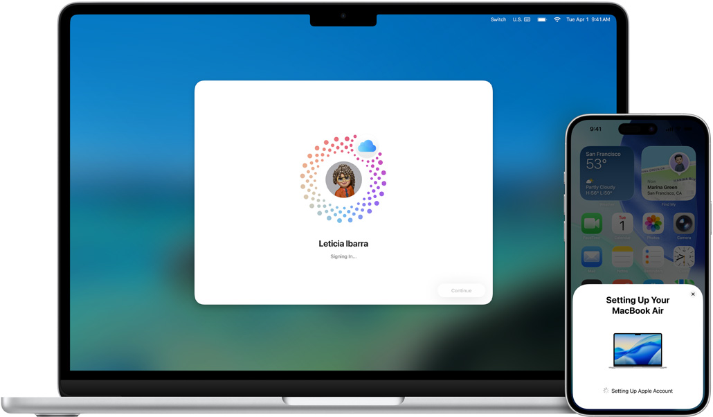 13palcovy MacBook Air a iPhone 16 Plus, instalace macOS na MacBooku, iPhone zobrazuje vyzvy k nastavení