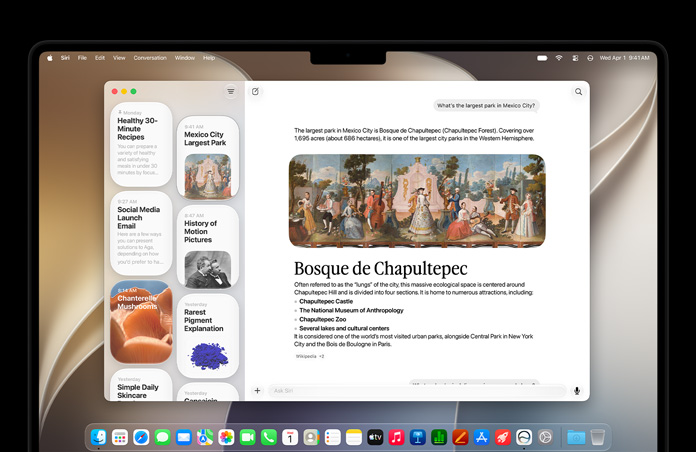Vesmírně ?erny 14palcovy MacBook Pro, na obrazovce je aplikace Siri s aktivní konverzací se Siri AI a p?edchozími konverzacemi na bo?ním panelu.