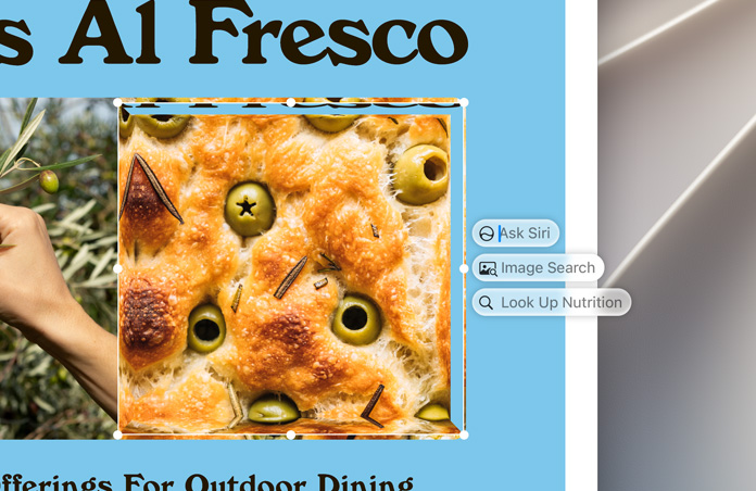 Vpravo od zvyrazněného obrázku oliv zape?enych ve focaccie se zobrazí pole Visual Intelligence, Ask Siri, Image Search a Nutritional Value