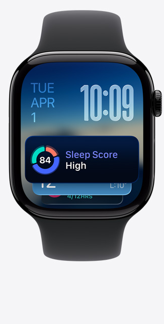 Apple Watch Series 11, pouzdro z le?těného klavírně ?erného hliníku, Chytrá sada, oznámení o spánkovém skóre, na pravém boku korunka Digital Crown, ?erny sportovní ?emínek