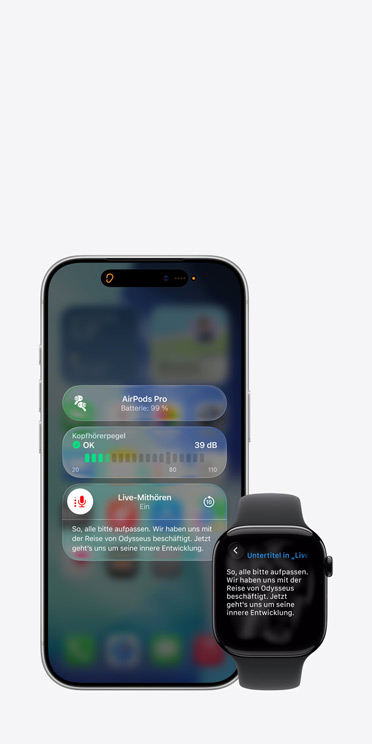 iPhone 17 Pro Display mit aktiver Live Mith?ren Session mit Untertiteln für das aufgezeichnete Audio und Apple Watch Series 11 Display mit Live Untertiteln für dasselbe aufgezeichnete Audio