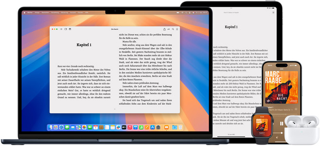 MacBook Pro und iPad Air zeigen eine Seite aus demselben eBook in der Books App. Die Bildschirme von Apple Watch und iPhone 15 zeigen ein Buchcover aus demselben H?rbuch. Ein offenes AirPods Pro Case mit zwei AirPods Pro In?Ear Kopfh?rern.