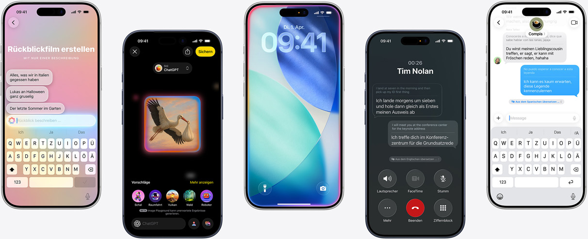 Fünf iPhone Ger?te zeigen Apple Intelligence Features: einen Erinnerungsfilm erstellen, Artwork in Image Playground generieren, den iOS Sperrbildschirm mit glühendem Licht, Live übersetzung in einem Anruf und Live übersetzung in Nachrichten.