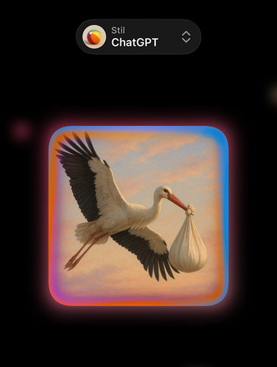 Image Playground Display mit einem Bild eines fotorealistischen Storchs, der ein Bündel im Schnabel tr?gt, und Optionen für benutzerdefinierte Bildstile von ChatGPT