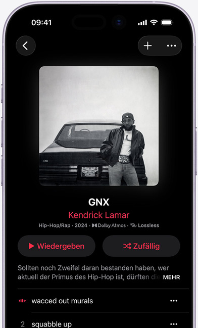 Ein iPhone Display zeigt das Album ?GNX“ von Kendrick Lamar auf Apple Music
