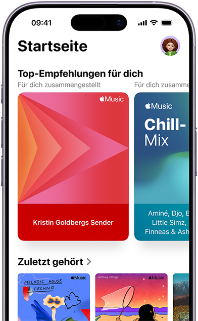 Bildschirm der Apple Music Startseite auf dem iPhone, ?Top-Empfehlungen für dich“ Karussell mit von Jenny Court personalisierten Sendern und Playlists