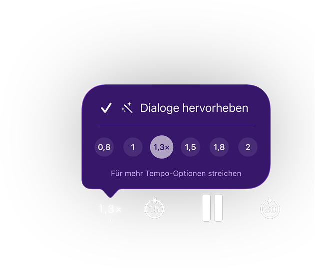 Steuerelemente von Apple Podcasts, ein violettes Einblendmenü zeigt ?Dialoge verbessern“ aktiviert, Wiedergabegeschwindigkeit auf 1,3x mit Optionen von 0,8 bis 2 eingestellt, Text: Streiche für mehr Geschwindigkeiten, die Steuerelemente darunter sind Zurück 15 Sekunden, Pausieren und Vorw?rts 30 Sekunden.