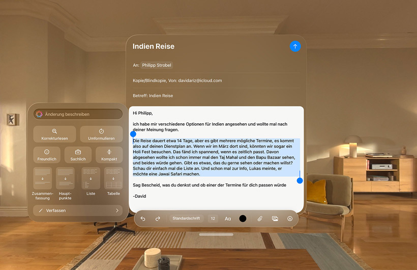Eine E-Mail wird in der Mail App der Apple Vision Pro verfasst, wobei intelligente Schreibtools verwendet werden, um den Sprachstil der E?Mail zu überprüfen