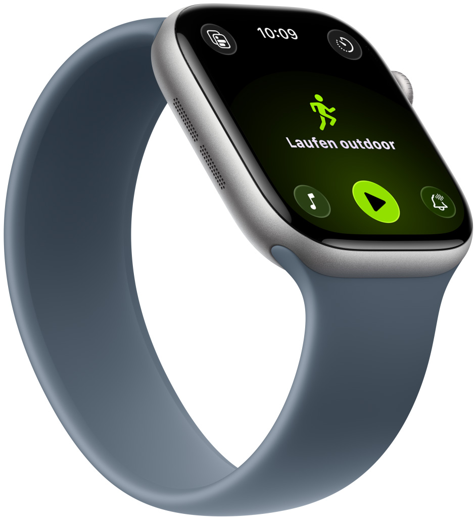 Apple Watch Series 11, Aluminiumgeh?use, Farbe Space Grau, Outdoor-Lauftraining, Apple Music Steuerelemente unten, Solo Loop, Farbe Maritimblau