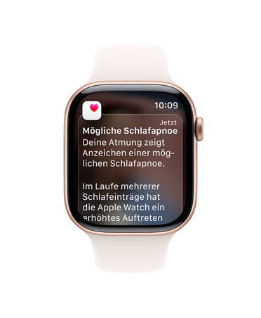 Apple Watch Series 11, Farbe Roségold, Aluminiumgeh?use, ausführliche Schlafapnoe Mitteilung, rechte Seitenansicht, Digital Crown, Sportarmband, Farbe Blassrosa